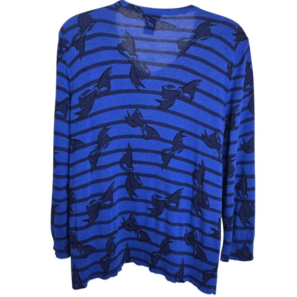 Ann Taylor Womens Cardigan XL Blue Cotton Striped‎ Bow Print Button Sweater Top - Picture 5 of 9